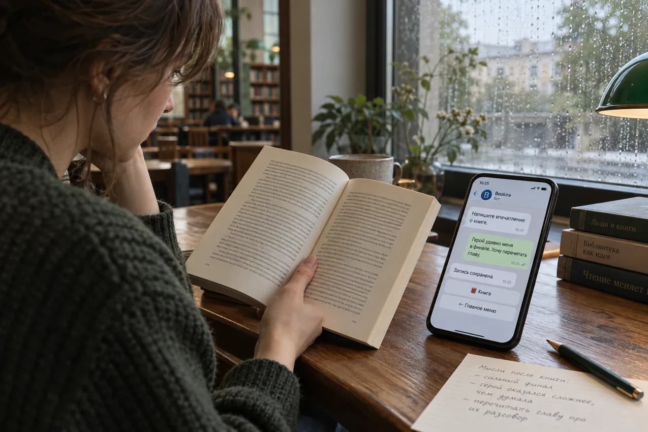 Читательница в библиотеке записывает впечатление о книге в текстовом чате Bookira; бот подтверждает сохранение записи