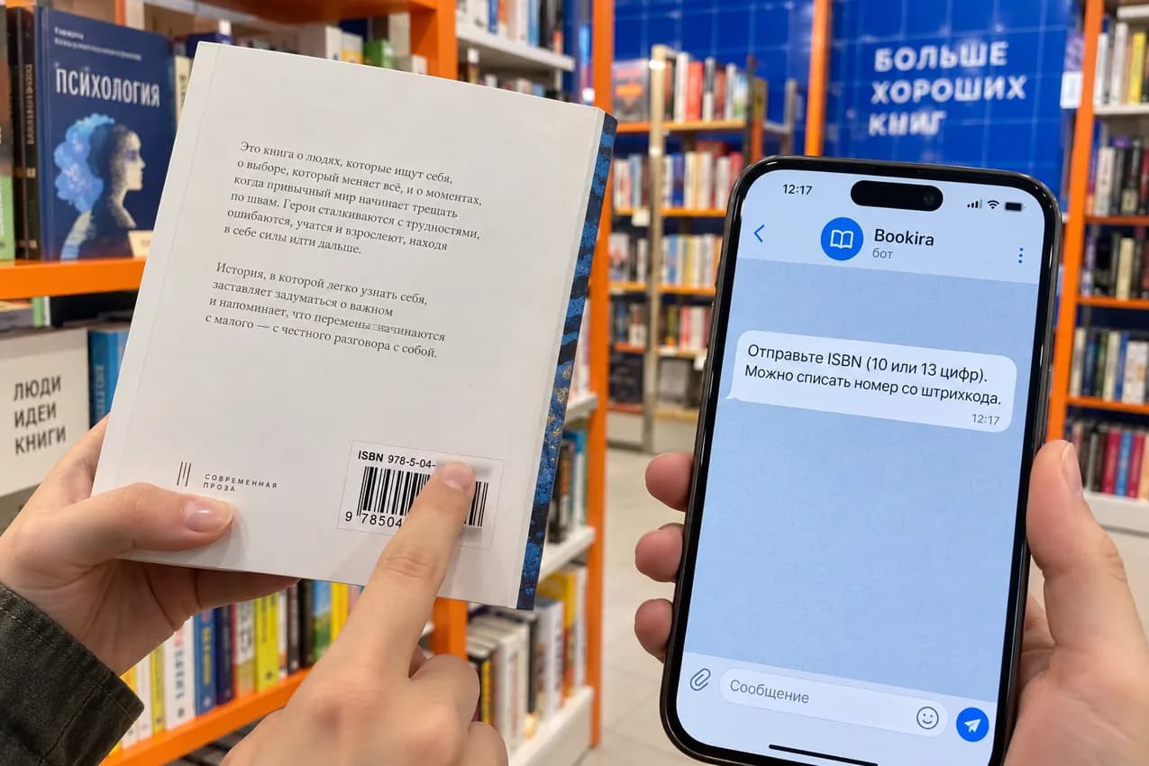 Палец указывает на обозначение ISBN рядом со штрихкодом на обороте книги; на телефоне открыт запрос номера в Bookira