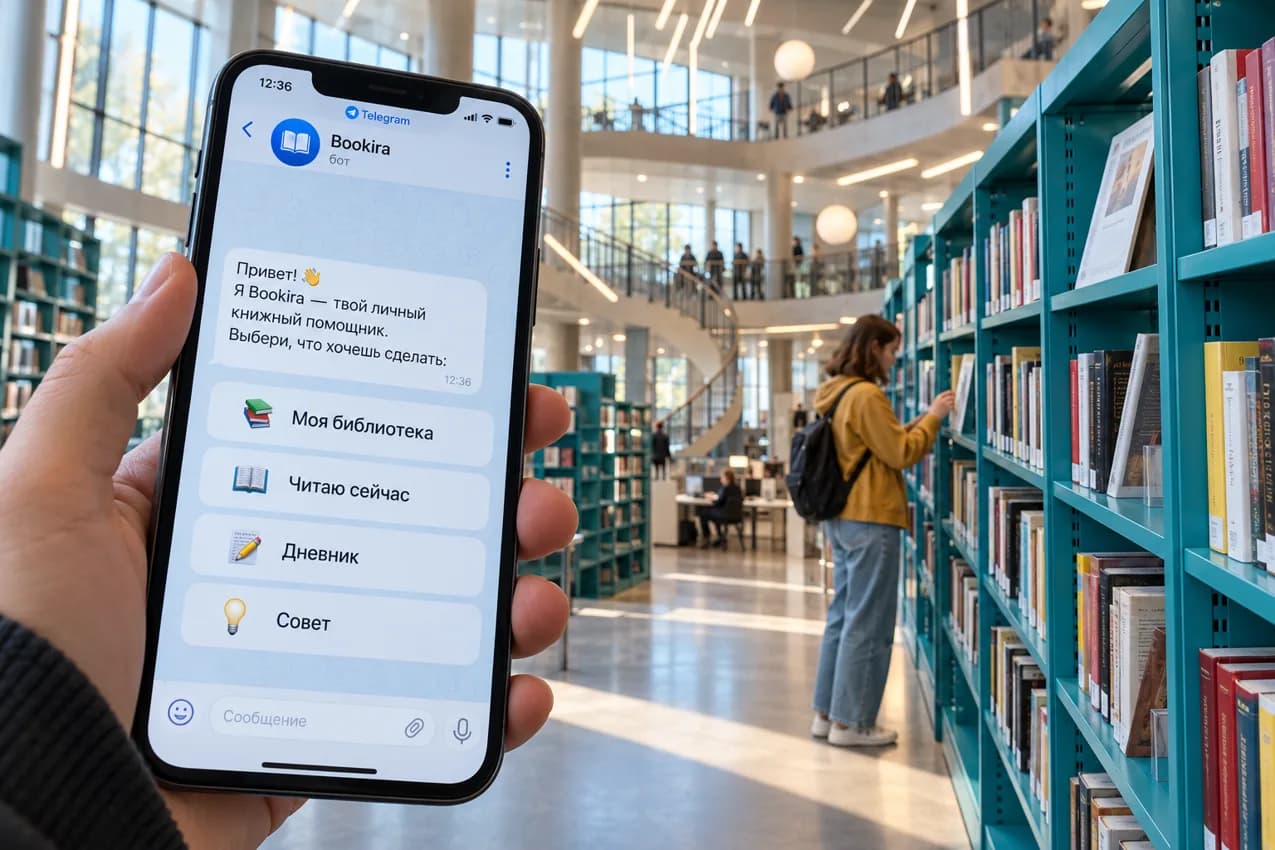 Иллюстративный пример меню Bookira на телефоне: библиотека, текущее чтение, дневник и совет