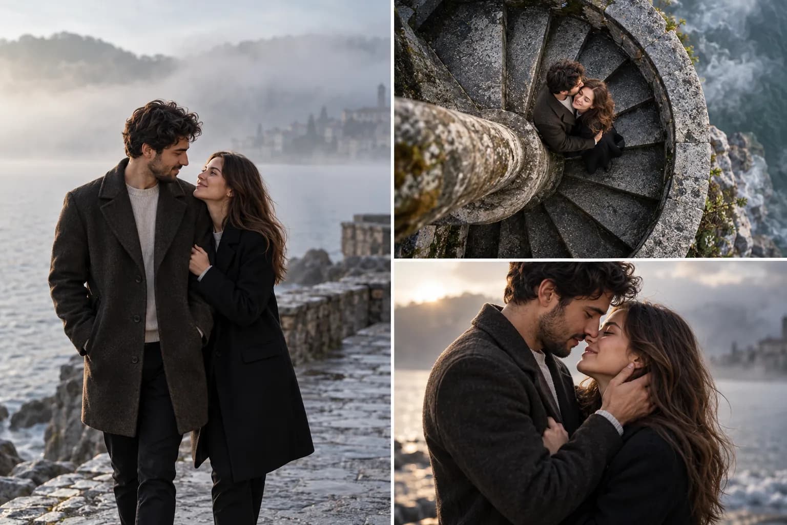 Пара в тёмных пальто у туманного озера: общий план прогулки, вид сверху и крупный портрет