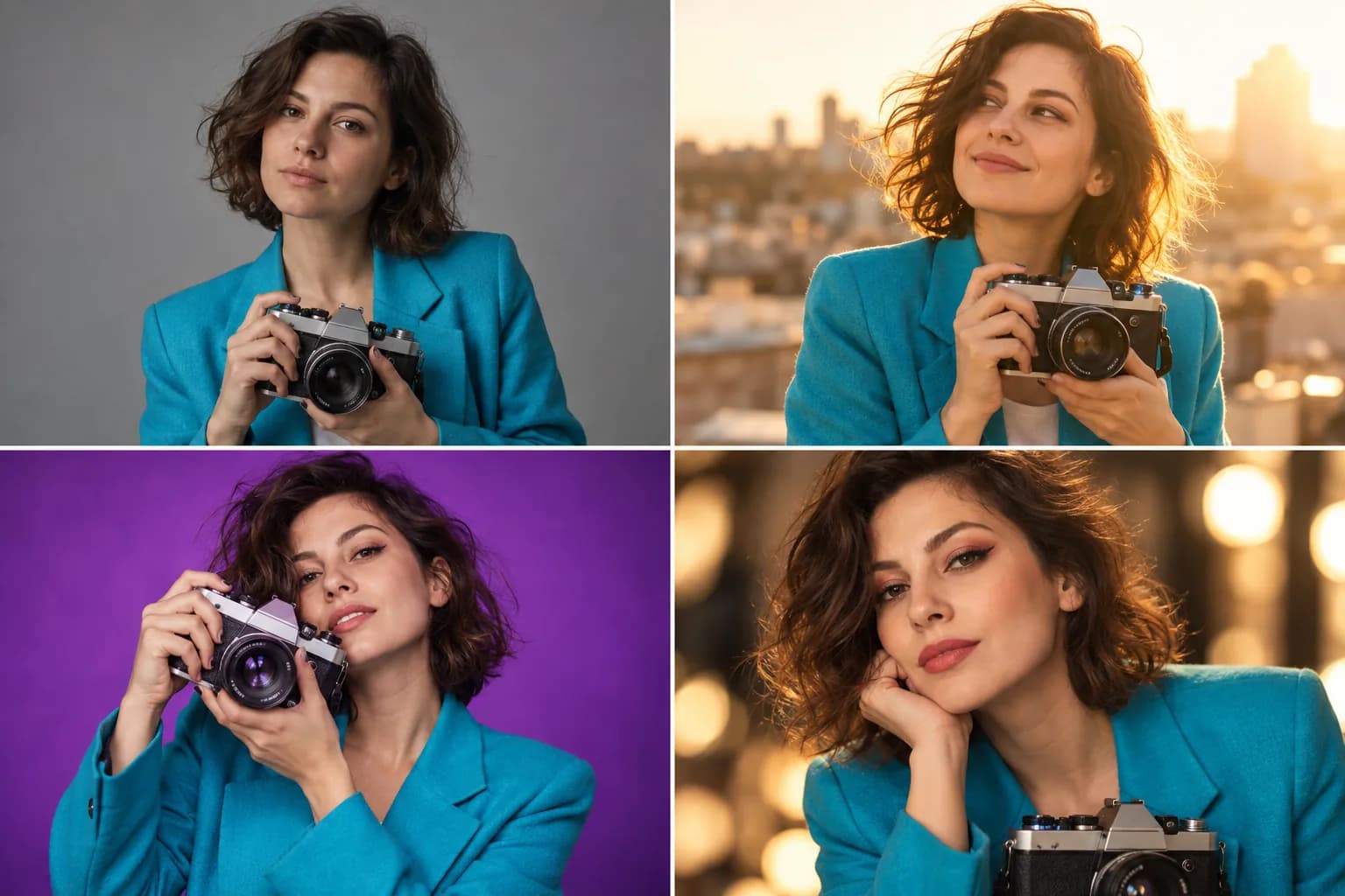 Четыре портрета девушки с фотоаппаратом в голубом жакете при разном свете и цвете фона