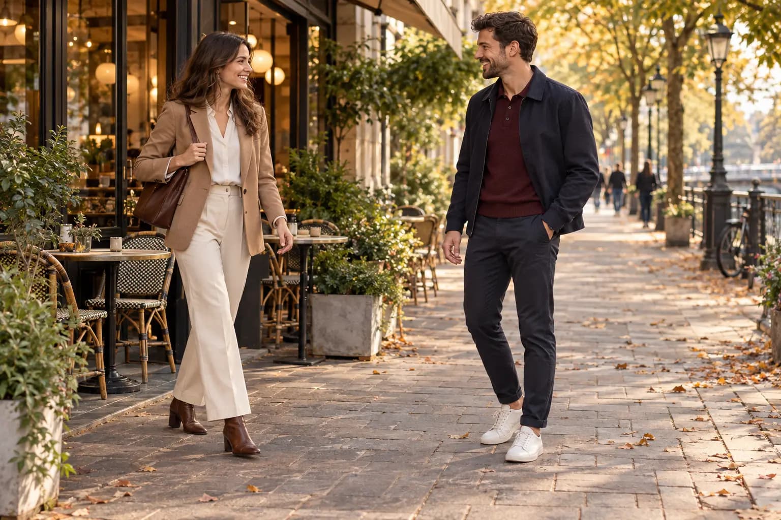Женщина и мужчина в современном smart casual встречаются у городского кафе перед осенней прогулкой