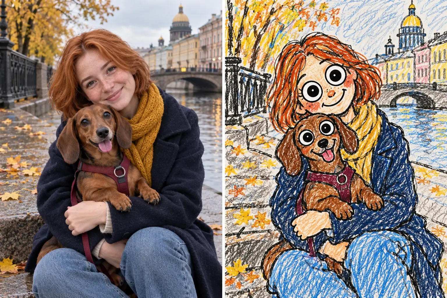 Рыжеволосая женщина с таксой на исходной фотографии и та же сцена в наивном мультяшном стиле Лапокаляки